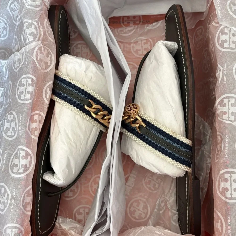 TORY BURCH Mini Benton Chain Band Sandals Poblano/Blue Yonder New in Box